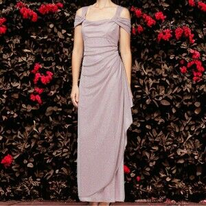 Alex Evenings Lavender Cold Shoulder Glitter Mesh Dress wi/Draped Skirt & Cowl